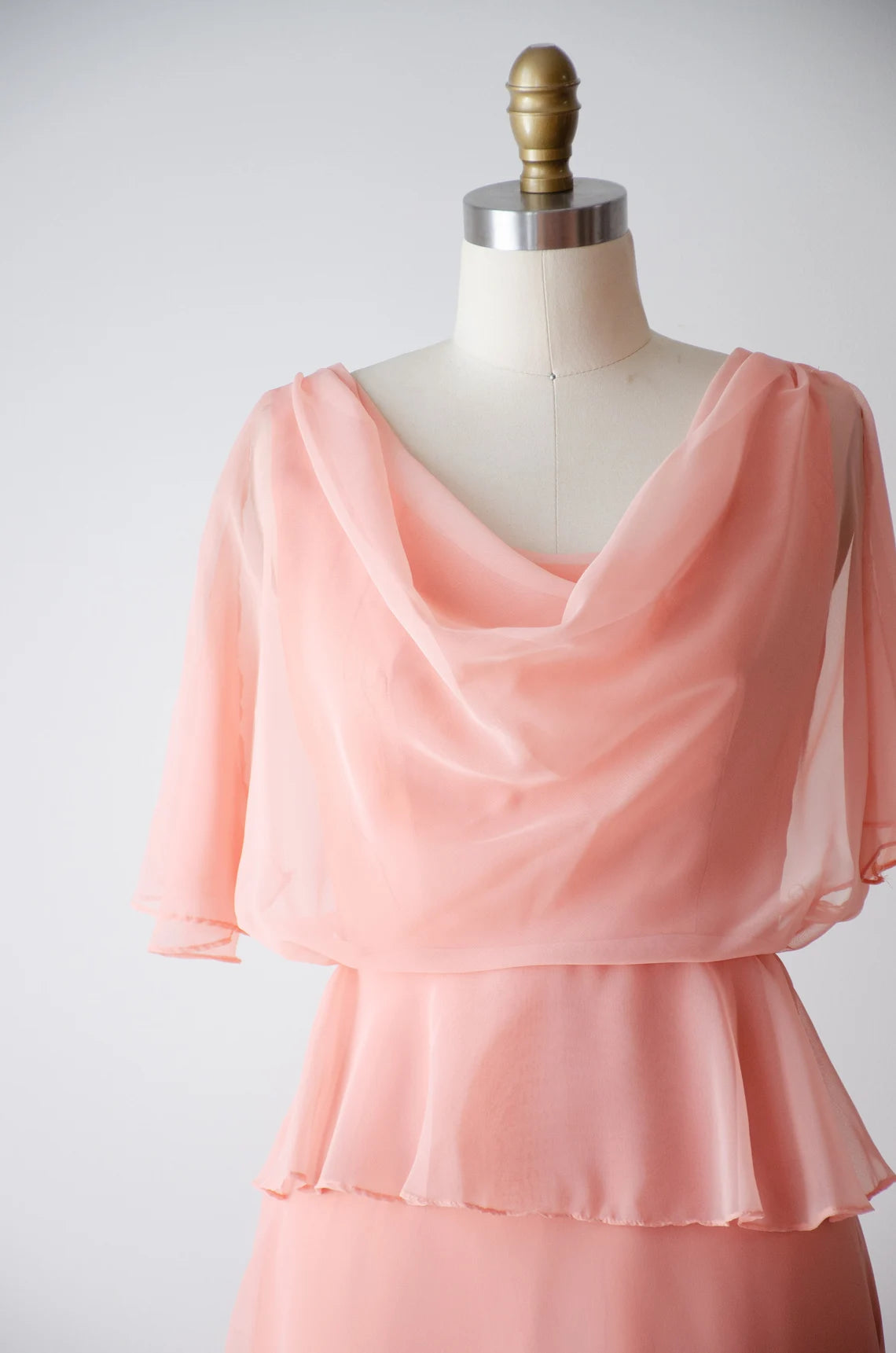 Chic Pink Chiffon Dress Cowl Neck Flutter Sleeve Floor Length Prom Party Dress